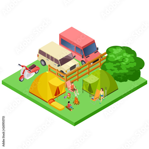 Family resting in nature, eco tourism, camping isometric vector location. Illustration of family outdoor, 3d environment grass and camp