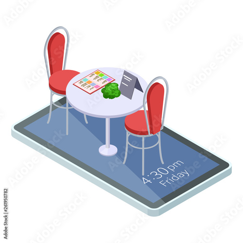 Online reserved table in cafe or restaurant with mobile app isometric concept. Illustration of isometric restaurant table on smartphone screen