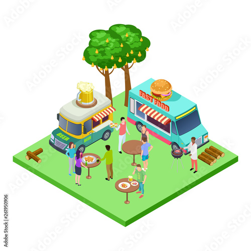 Summer street cafe, bbq party, picnic in the park isometric vector location. Isometric park, bbq party summer illustration