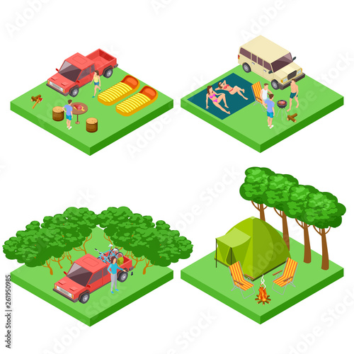 Vector isometric 3d camping location of set. Campsite for camping, picnic with bbq and sunbathe illustration