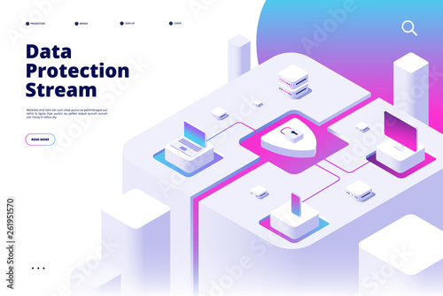 Data protection landing. Phone security password verification money transfer protect secure access safety app isometric vector concept. Security data and shield safety illustration