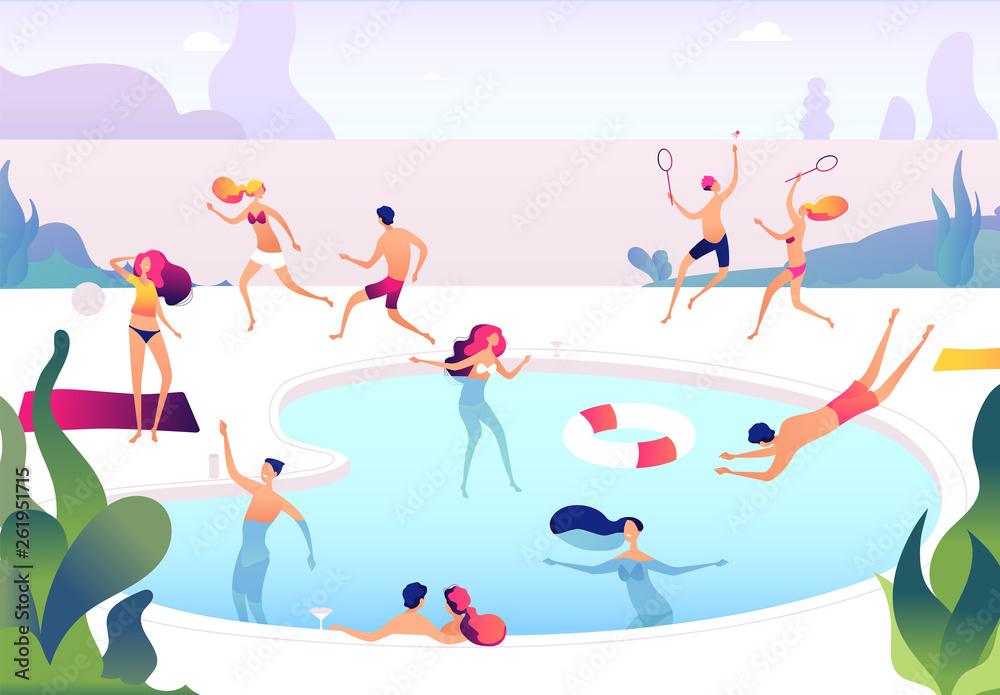 People at swimming pool. Persons swim dive in summer pool relaxing sunbathing family women men water games summer party vector concept. Illustration of summer swimming pool