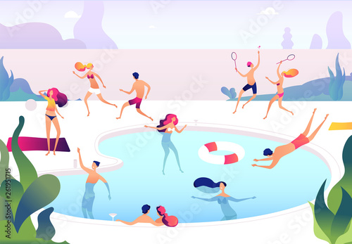 People at swimming pool. Persons swim dive in summer pool relaxing sunbathing family women men water games summer party vector concept. Illustration of summer swimming pool © MicroOne