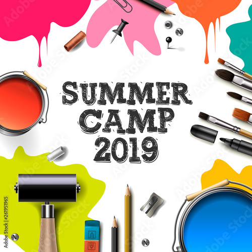 Kids summer Camp 2019, education, creativity art concept. Banner or poster with white background, hand drawn letters, pencil, brush, paints. Vector illustration.