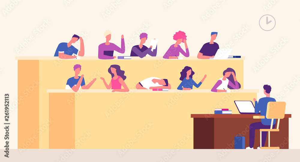 Lecture hall. Students lecturer in lecture room learning young people studying in auditorium. Business coaching seminar vector concept. Illustration of education on lecture, students in college