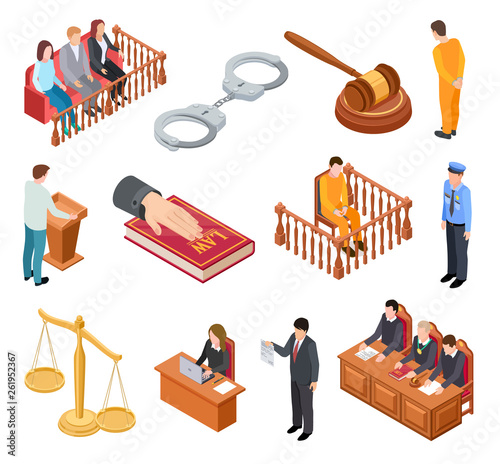 Isometric court of law. Trials defendant witness interrogation jury judge justice accused lawyer criminal legal prisoner vector icons. Illustration of legal justice, judge and lawyer