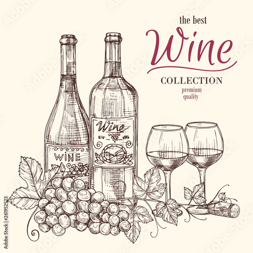 Best wine vector banner template with hand drawn wine bottles, glasses and grape. Illustration of wine glass and bottle, grape alcohol