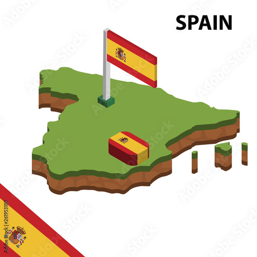 Isometric map and flag of Spain. 3D isometric Vector Illustration	