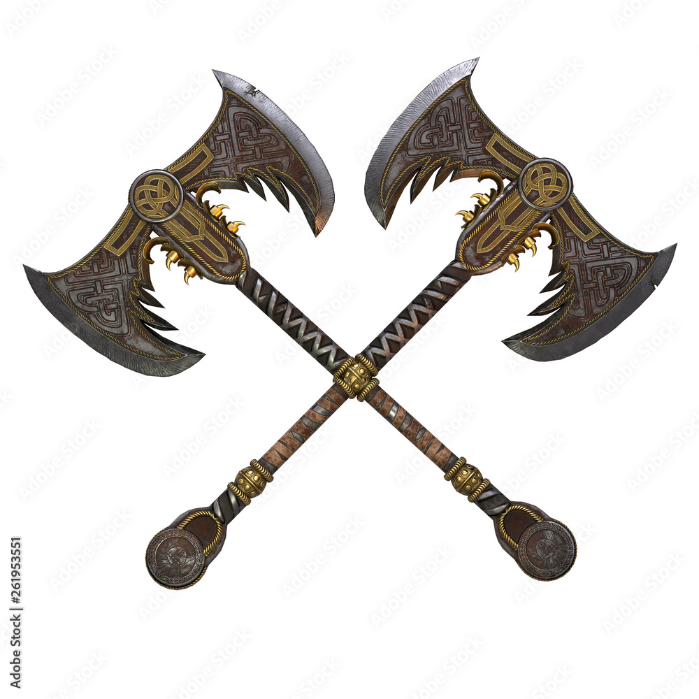 Viking fantasy two-handed ax on an isolated white background. 3d illustration Viking fantasy two-handed ax on an isolated white background. 3d illustration