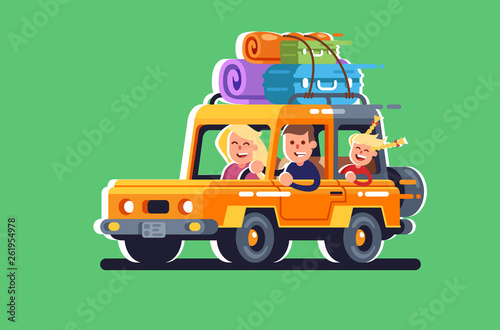 Young family with children go on a trip by car	