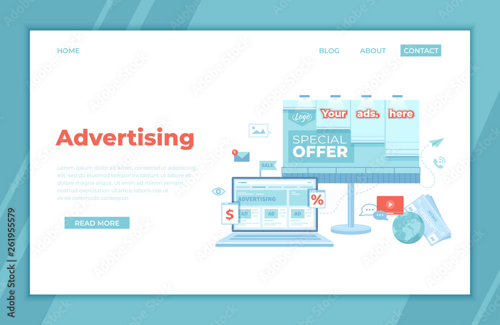 Advertising Outdoor and Online. Billboard, newspaper with offers, discounts  and laptop with social media ad website. Advertising agency. landing page  template or banner. Vector Stock Vector | Adobe Stock