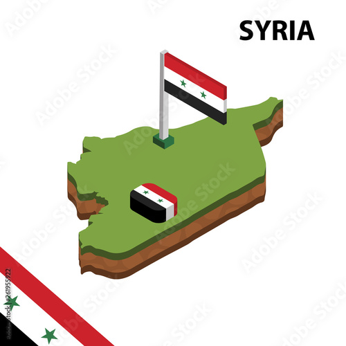 Isometric map and flag of Syria. 3D isometric Vector Illustration	