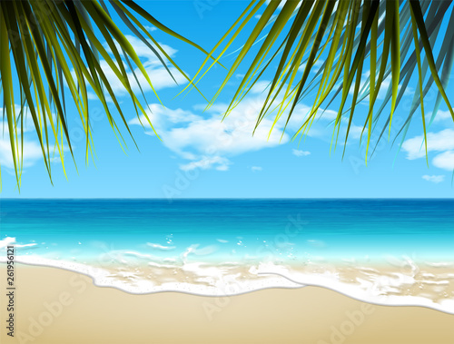 Fototapeta Naklejka Na Ścianę i Meble -  Summer landscape. Seashore and sandy beach. 3D vector. High detailed realistic illustration
