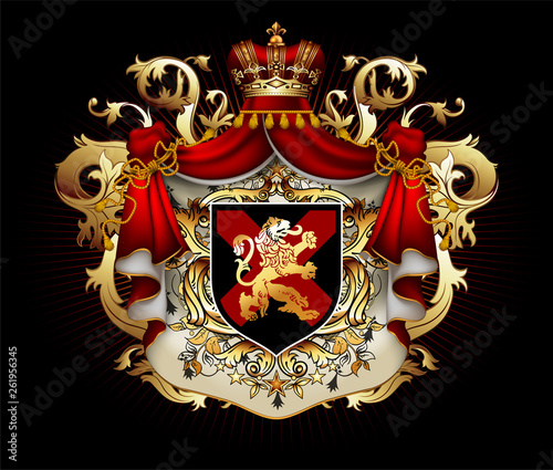 Heraldic shield with a crown and royal mantle, richly ornamented, on a black background.