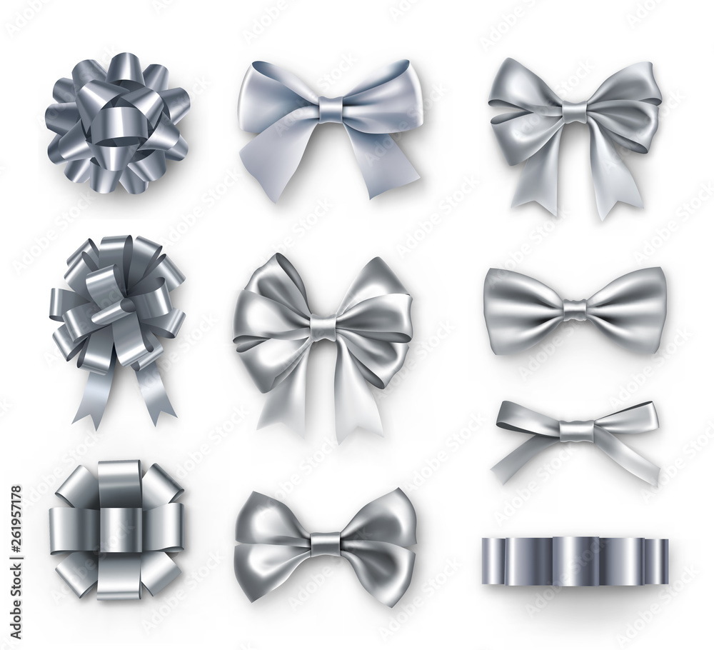 Luxury silver gift bows with ribbons. Wedding and anniversary decor isolated on white background. Realistic decoration for holidays presents and cards. Elegant object from silk vector illustration
