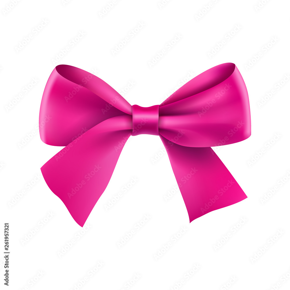 Decorative pink bow with ribbon. Elegant silk accessory for female clothes. Women day design element isolated on white. Realistic decoration for holiday. Elegant object from silk vector illustration. Decorative pink bow with ribbon. Elegant silk accessory for female clothes. Women day design element isolated on white. Realistic decoration for holiday. Elegant object from silk vector illustration.