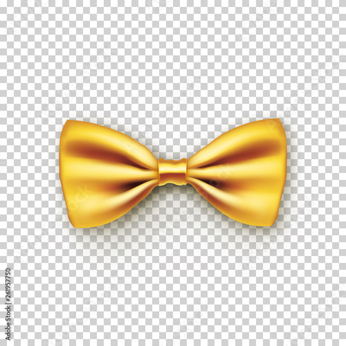 Stylish gold bow tie from satin with shadow. Hipster accessory isolated on transparent background. Realistic formal wear for official event. Elegant clothes object from silk vector illustration.