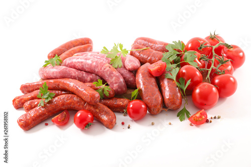 assorted sausage meat isolated on white background
