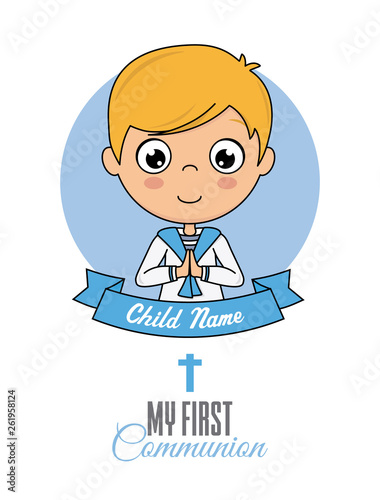 First communion card. Praying boy 