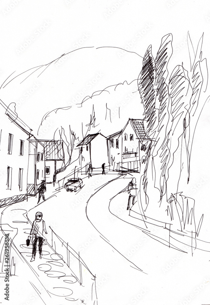 Instant sketch, town in mountains