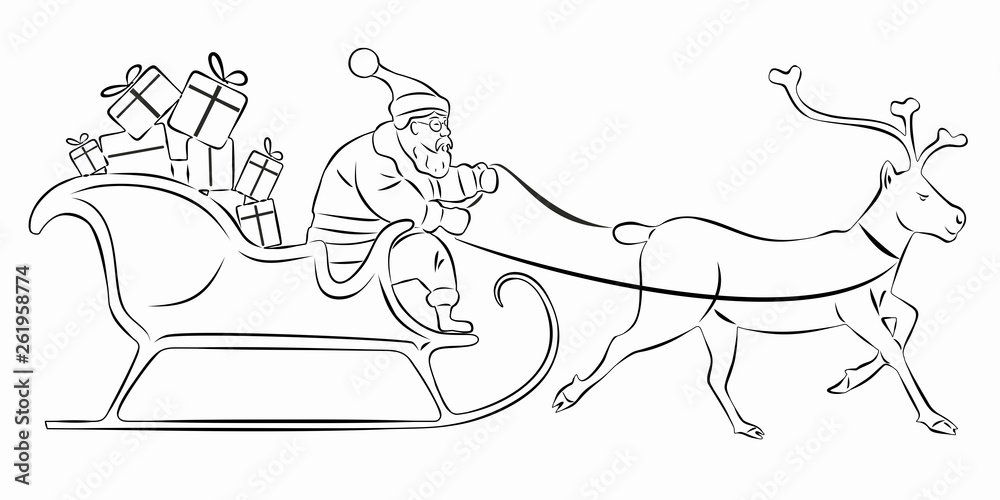 illustration of Santa sleigh and reindeer , vector draw