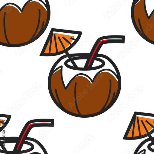 Coconut cocktail seamless pattern nut milk straw and umbrella