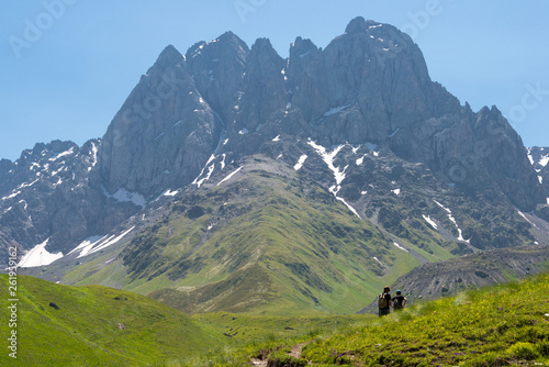 Kazbegi, Georgia - Jul 03 2018: Juta valley near Caucasus mountain. a famous landscape in Kazbegi, Mtskheta-Mtianeti, Georgia.