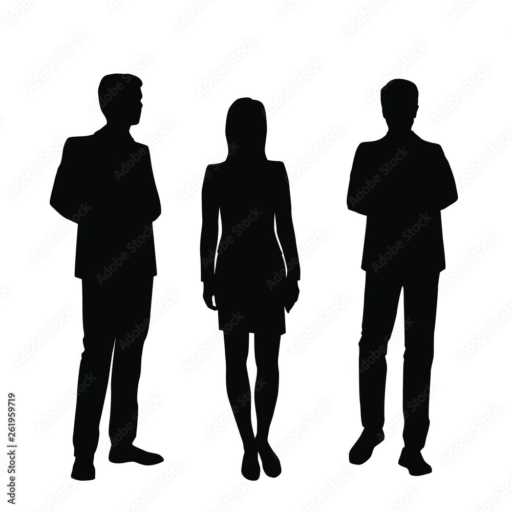 Vector silhouettes of men and woman standing, business people group,  black color, isolated on white background