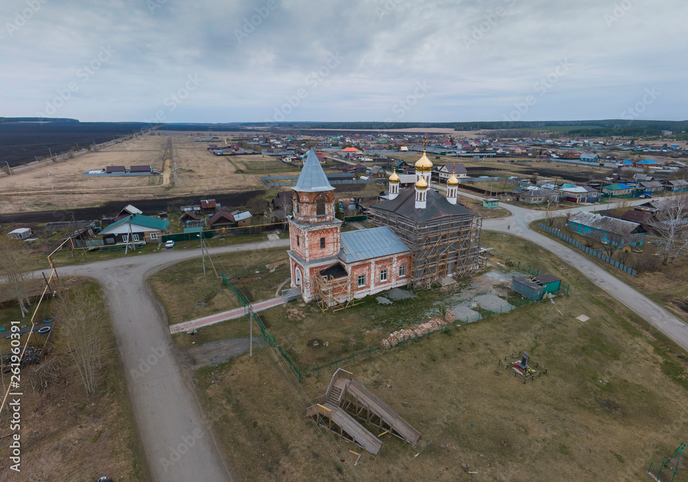 Abandoned church in Klyuchi village. Aerial
