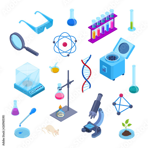 Science lab, chemistry research vector 3d isometric symbols. Isolated flat icons set. Laboratory equipment collection