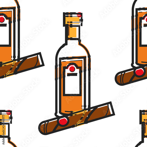 Rum bottle and cigar Cuban drink and tobacco product seamless pattern