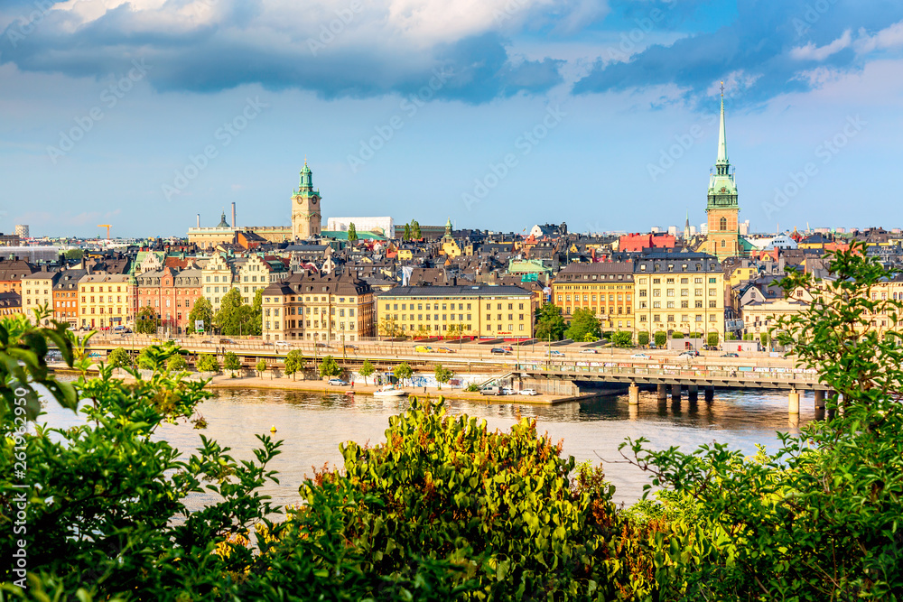 Beautiful panoramic view of Stockholm Old town Gamla Stan with church of St. Nicholas. Summer sunny day in Stockholm, Sweden.
