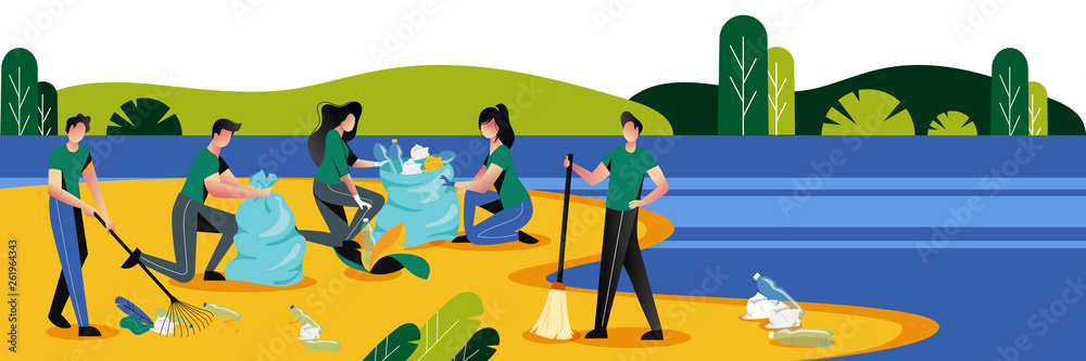 People cleaning plastic garbage on waterfront. Volunteering, ecology and environment concept. Vector illustration.