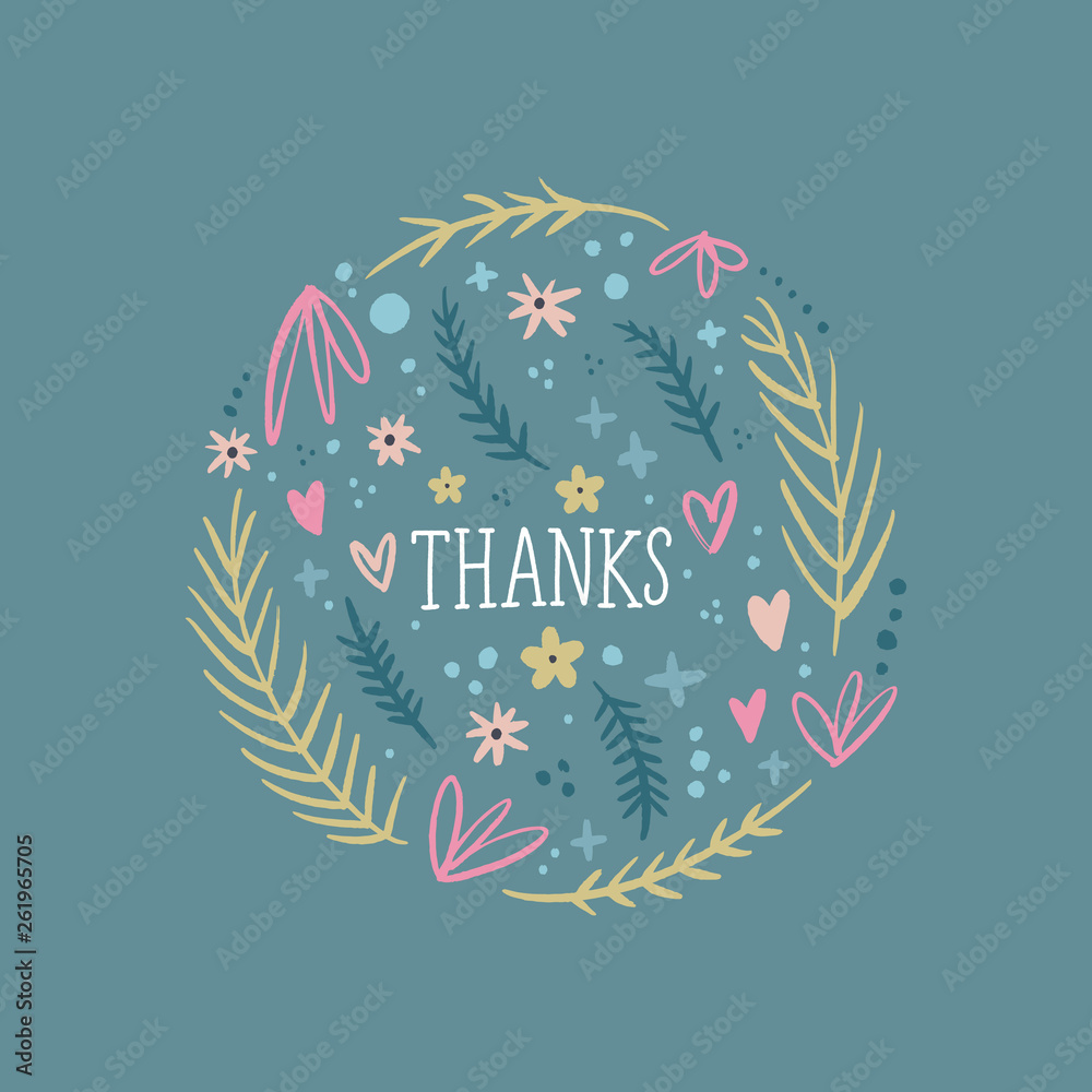 Obraz premium Elegant card, thanks text with hand painted pattern, wild flowers. Doodle floral summer design for holidays. Poster or postcard. Vector