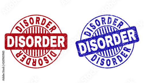 Grunge DISORDER round stamp seals isolated on a white background. Round seals with grunge texture in red and blue colors. Vector rubber overlay of DISORDER caption inside circle form with stripes.