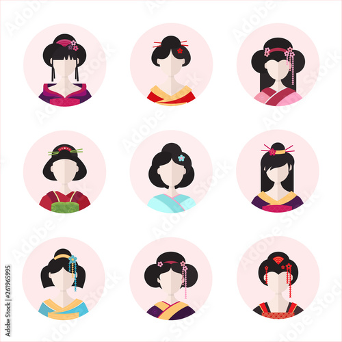 Japanese Geisha in avatars vector flat illustration
