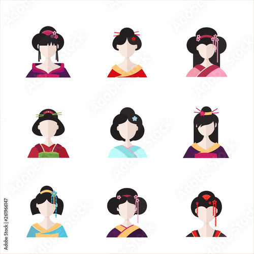 Japanese Geisha in avatars vector flat illustration