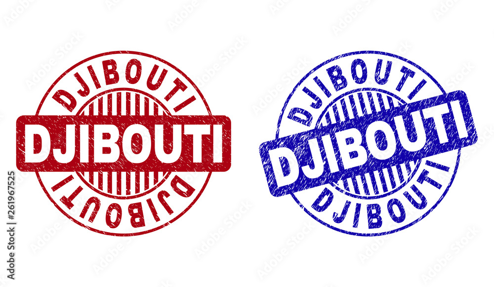 Fototapeta premium Grunge DJIBOUTI round stamp seals isolated on a white background. Round seals with grunge texture in red and blue colors. Vector rubber imitation of DJIBOUTI caption inside circle form with stripes.