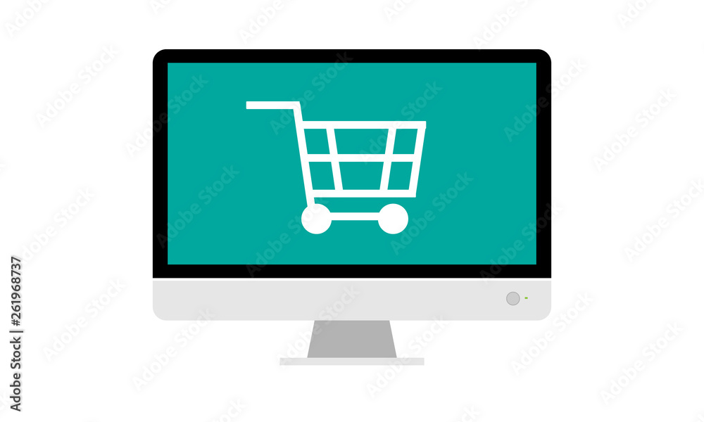 Big monitor and shopping cart for online shopping concept. Flat color vector illustration. Big monitor and shopping cart for online shopping concept. Flat color vector illustration.