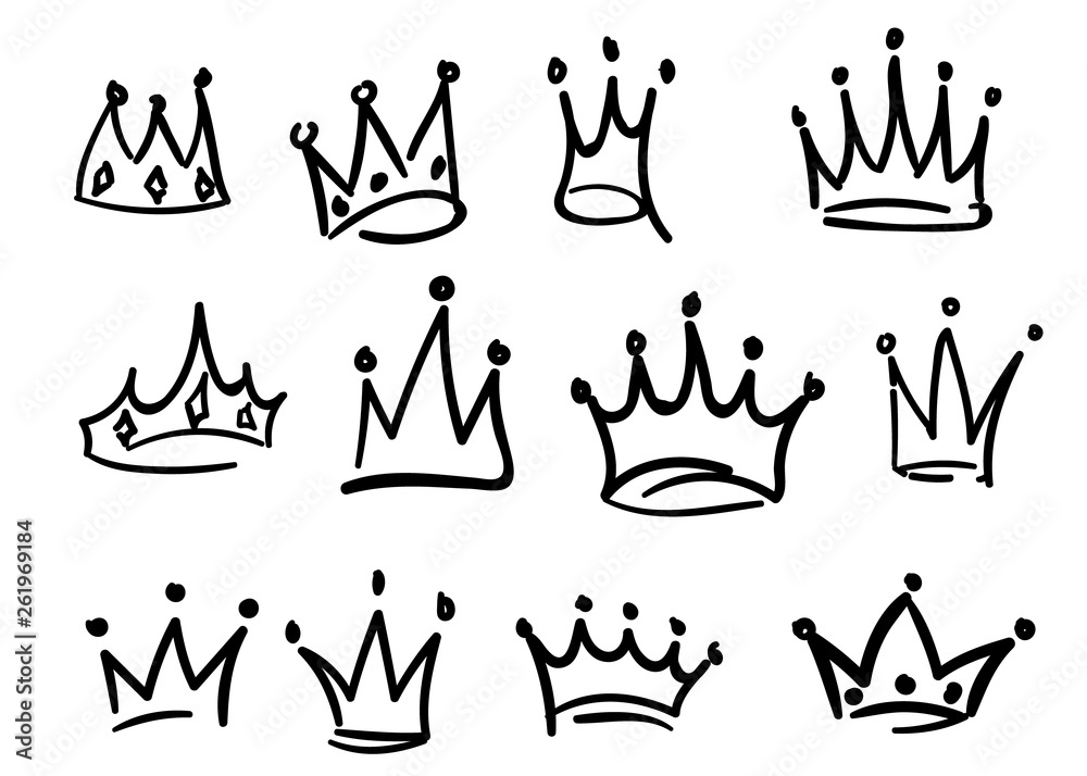 Hand drawn crowns logo set isolated on white background for queen icon ...