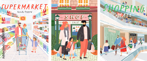 Family shopping. A vector illustration of people in a store shopping, handwritten drawings in the supermarket and in the mall.