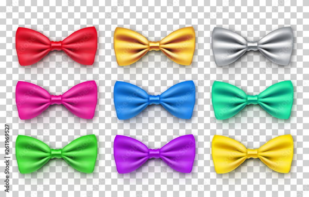 Beautiful bow tie from satin material. Elegant clothes accessory isolated on transparent background. Realistic formal wear for official event. Different 3d objects from silk vector illustration.