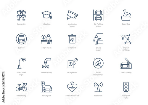 Set of line smart city icons isolated on light background. Contains such icons Energetics, Education, Charge point, Internet of Things, Car parking system and more.