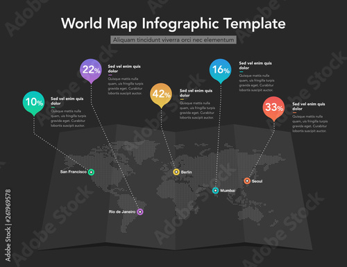 Fototapeta Naklejka Na Ścianę i Meble -  World map infographic template with colorful pointer marks - dark version. Easy to use for your design or presentation.