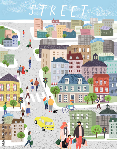 People in the city. Cute cityscape vector illustration with people, cars, houses and trees. Urban panorama drawing