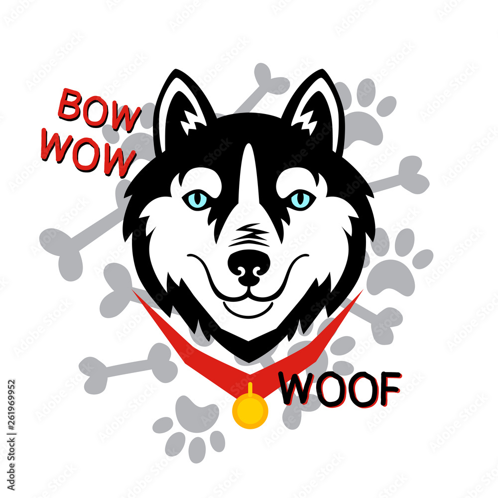 Husky head dog woof, bone, paw vector design.