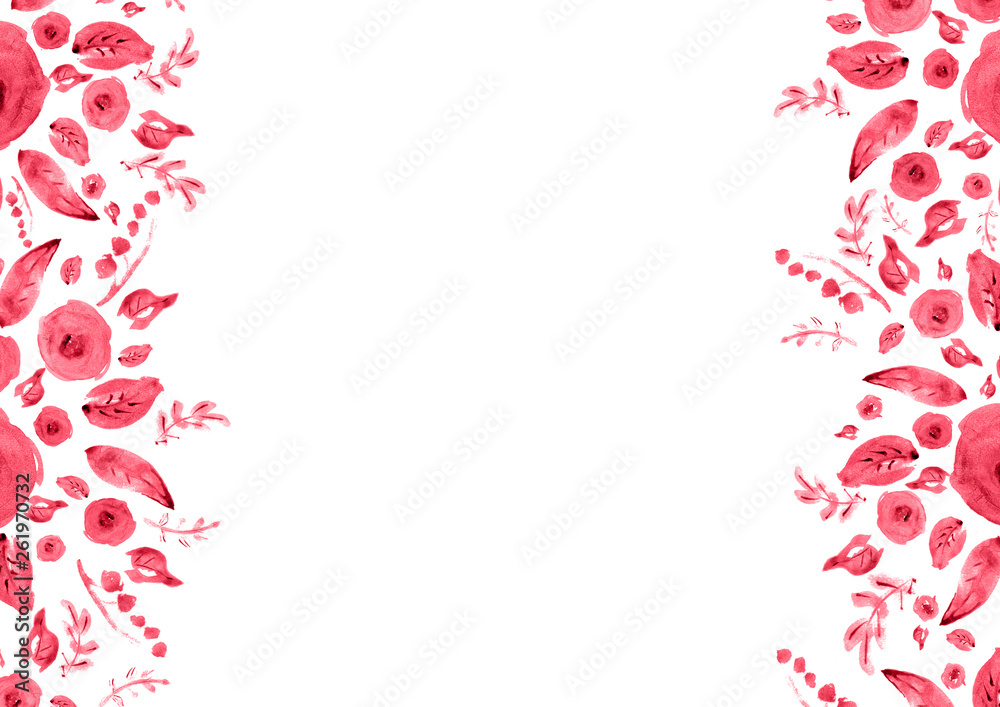 Painted watercolor composition with flowers and leaves. Frame of roses. Floral border. Can be used as invitation card for wedding, birthday, other holiday, summer background, poster, banner. Painted watercolor composition with flowers and leaves. Frame of roses. Floral border. Can be used as invitation card for wedding, birthday, other holiday, summer background, poster, banner.