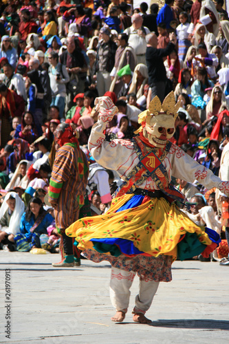 Traditional dances during a religious festival (tsechu) in a dzong in Thimphu (Bhutan)