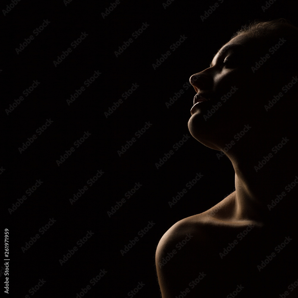 portrait silhouette of young sensual woman on dark background