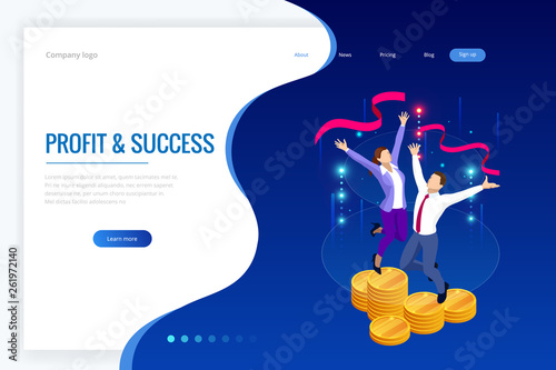 Isometric profit, fortune and success, successful investment concept. Man and woman is glad a lot of money, success, good luck.